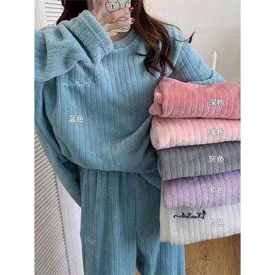 China Winter Two Piece Set Coral Fleece Outfit Casual Round Neck Stripe Lounge Women Sleep Wear Cotton Thermal Pajamas Pajamas for sale