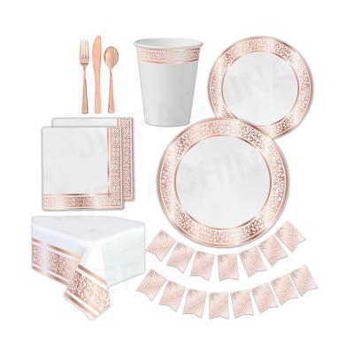 China Different Designs Rose Gold Glitter Foil Disposable Tableware Set Part Supplies Paper Sets for sale