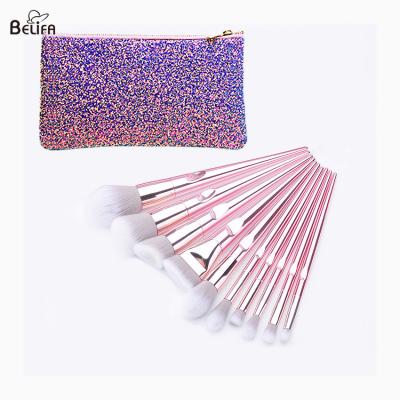 China Belifa 10 pcs glitter Rose Gold makeup brush set natural hair makeup foundation brush set zu verkaufen