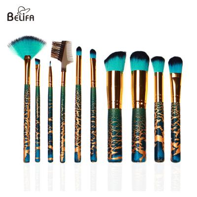 China Belifa 2019 new product green crack lacquer wooden handle 10 pieces custom logo makeup brush powder brush make set up for sale