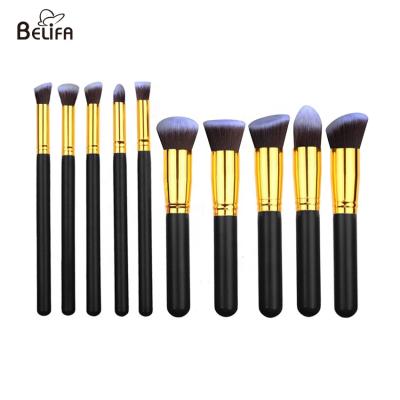 China Belifa wholesale privated label high quality vegan synthetic hair top sell gold 10pcs kabuki makeup brush set with wood handle for sale