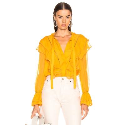 China Anti-pilling Madame translucent amber shirt with skin button neck tie trim mesh frill fabric front details for sale