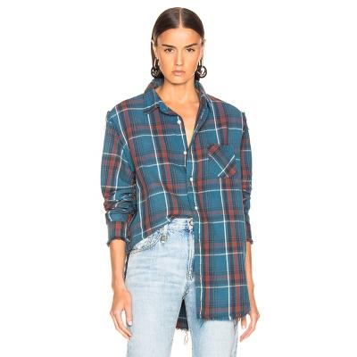 China Custom Pocket Sharpener Women Patch Chest Button Logo Anti-Pilling Blue Plaid Shirt for sale