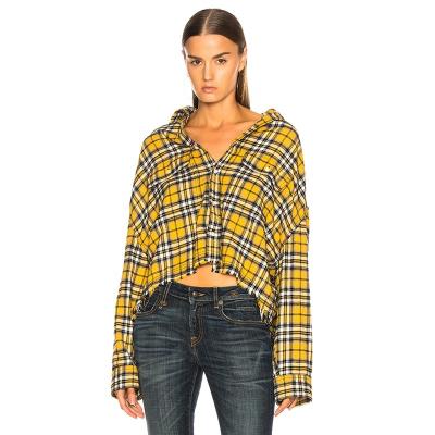 China Ladies Anti-pilling Yellow Plaid Shirt Made In China Button Closure Front Pocket Front Pocket, Button Closure Edge Wear Treatment for sale