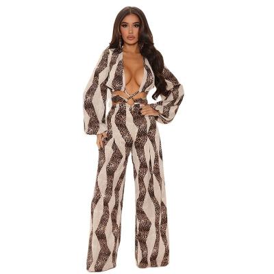 China Breathable Adjustable Stretch Non Tie Long Sleeve Wide Leg Printed V Neck Cut Out Jumpsuit for sale