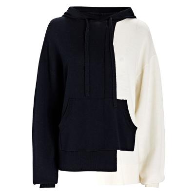 China Breathable OEM Customized Black White Color Block Wool Hooded Sweater With Rib Knit Cuffs for sale