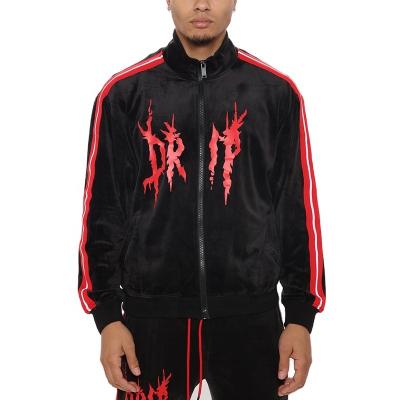 China Custom mens side stripe logo printing plus size screen velvet track jacket plus size velvet tracker jacket male for sale