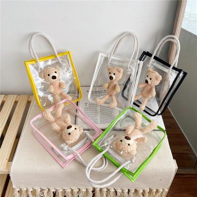 China Fashion \ New Designer Wholesale Handbags Waterproof Comfortable \ Durable Beach Bags Transparent Little Girl Handbags With Lovely Teddy Bear Tote Handbag for sale