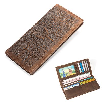 China Custom Vintage Crazy Horse Genuine Leather Long Wallet Waterproof Brown Leather Long Wallet Men Pinch for sale