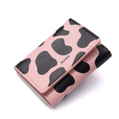 China New Women Waterproof Short Wallets Leather Cartoon Animal Cow Stripes Fashion Wallets Fashionable Patchwork Ladies Coin Clips ID Card Holder for sale