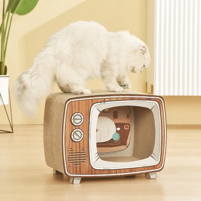 China PAKEWAY Viable TV Shaped Playhouse Scratcher Box Cat Scratching Post Cat Toy Cardboard Cat House for sale