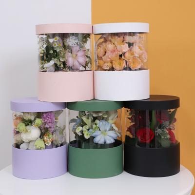 China Recyclable Cardboard And PVC Clear Round Flower Hat Box Rose Box Flower Packaging for sale