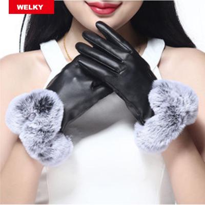 China Women Winter Gloves Touch Screen Faux Rabbit PU Rabbit Simple Outdoor Motors Warm Leather Gloves for sale