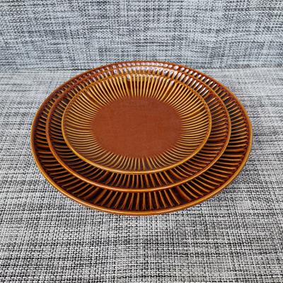 China Contemporary Japanese Dish Round Plate Solid Color Ceramic Embossed Ceramic Dish for sale