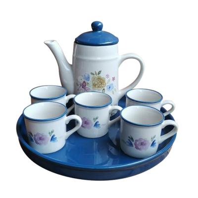 China Sustainable Personalized Dinnerware Stoneware Glaze Ceramic Teapot Sets With 6 Cups Coffee Pot With Tray for sale