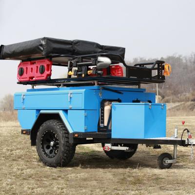 China Lightweight Blue Aluminum Travel Trailer 4x4 Mini Camper Trailer Jeep Off Road Trailers With Pop Up Tent for sale