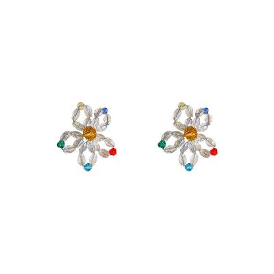 China 925 Religious Net Red Crystal Beaded Colorful Flower French Earrings Silver Korean Small Needle Fresh Candy for sale