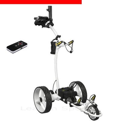 China Remote and manual speed control lithium battery golf cart with Germany design frame, luxury leather cover T-handle with anti trick wheel for sale