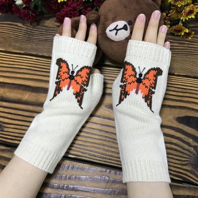 China OEM Printing Knitted Gloves Wool Cross Logo Border Autumn And Winter Orange Butterfly Warm Adult Women's Long Gloves for sale