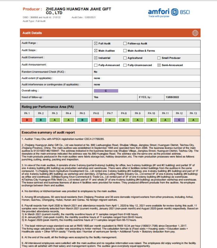 BSCI - Zhejiang Huangyan Jiahe Gift Co., Ltd.