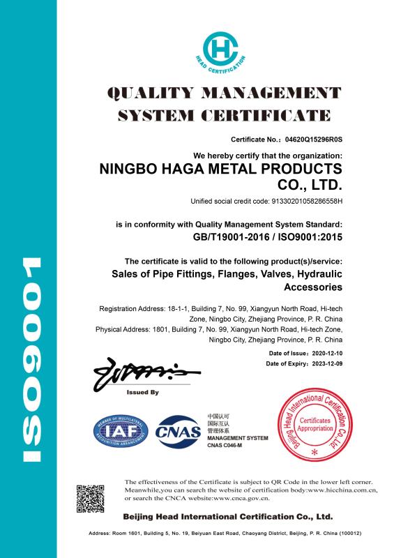 ISO9001 - Ningbo Haga Metal Products Co., Ltd.