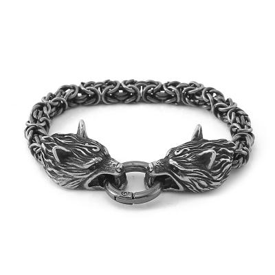 China Norse Mythology Arm Cuff Viking Bracelet Mens Stainless Steel Wolf Head Woven Kings Chain Norse Jewelry for sale