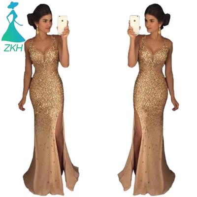 China ZKH1028 Anti-wrinkle Women's Plus Size Long Evening Split Dress Sleeveless Prom Dresses Party Maxi Sequin Evening Dress for sale