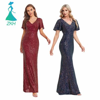 China New Style Short Ruffle Anti-wrinkle Sheath Double V-Neck Maxi Dress Ladies Gowns For Women Party Dresses Elastic Shiny Sequin Dress for sale