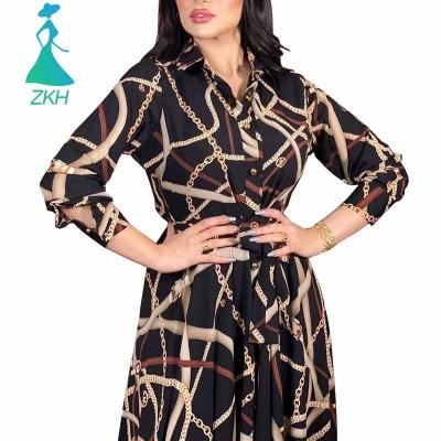 China European and American Anti-wrinkle long sleeve belted printed shirt dress Muslim women clothing dresses women for sale