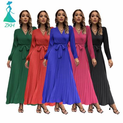 China Latest Design Anti-wrinkle Long Sleeve Autumn Winter And Dresses For Ladies High Quality V-neck Pleated Women Maxi Dress A-Line Dresses for sale