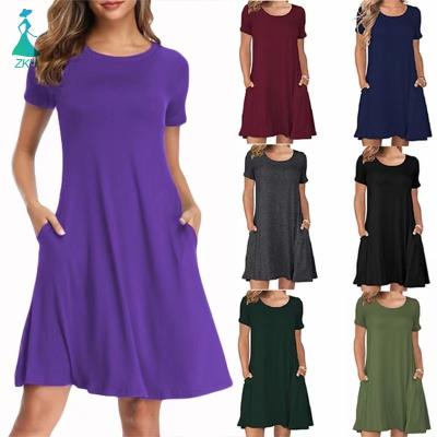 China New Arrival Breathable Cotton Plain Color Round Neck Short Sleeve Plus Size Casual Cheaper Women's Dresses for sale