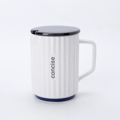 China Sustainable Minimalist 14oz Modern Nordic Unique Stripe Ceramic White Coffee Mug With Lid Spoon for sale