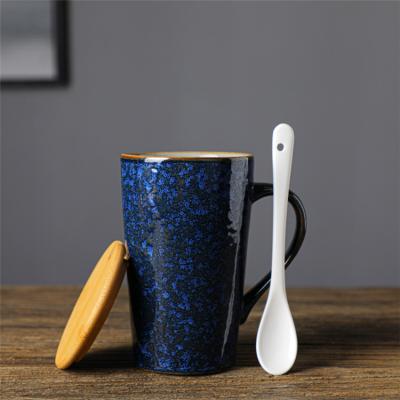 China 14oz Colorful Custom Viable Clay Coffee Mugs Decorative Unique Handmade Ceramic With Lid Spoon for sale