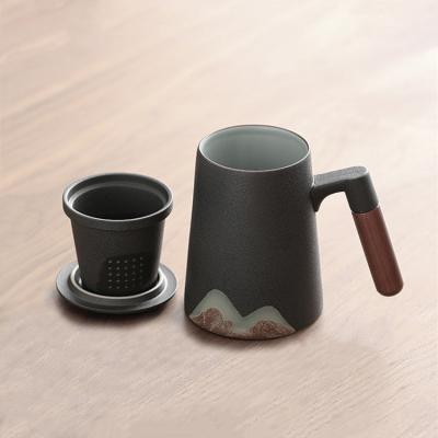 China Viable Wholesale Custom Matte White Black Ceramic Tea Mug From Chinese 13oz With Infuser Lid Gift Box for sale