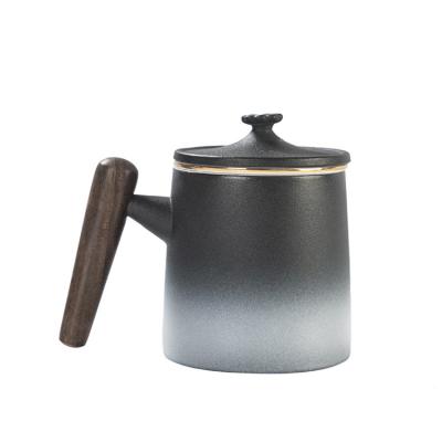 China Wholesale Custom Viable Custom 15oz Single Lid Chinese Ceramic Tea Mug with Infuser and Wooden Handle for sale