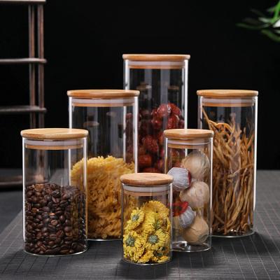 China Sustainable Airtight Borosilicate Kitchen Food Spice Glass Storage Containers Set With Bamboo Lid for sale