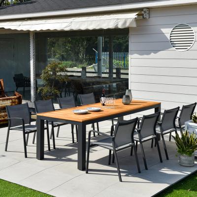 China 240cm Modern Natural Teak Aluminum Legs Garden Head Luxury Rectangular Table Sets 8 Chairs Indoor Outdoor Furniture for sale