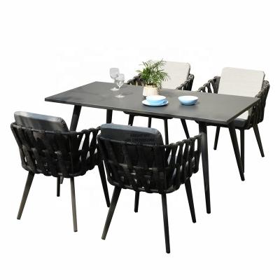 China 1809 style modern high quality rope woven outdoor patio chair and table aluminum table 160*80*74cm long rectangle for sale