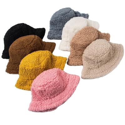 China 2021 New Character Teddy Fashion Winter Solid Color Plush Fur Lambswool Warm Bucket Hat For Women for sale