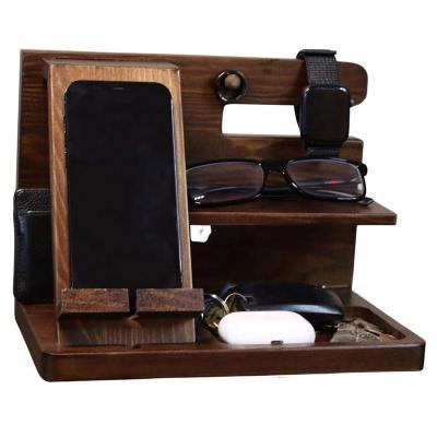 China Nightstand PORTABLE Wooden Docking Station and Organizer, Foldable Wooden Phone Holder Stand, Holds Cell Phone Watch Ring and Accessories for sale