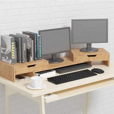 China Dual Extendable Monitor Stand Riser with Adjustable Length and Angle, Bamboo Computer Riser with 2 Extra Drawers for sale