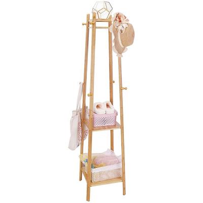 China Eco-Friendly Coat Hanger Rack Stand with 3 Shelves, Free Standing Wooden Coat Hanger Multifunctional Bamboo Coat Hanger Rack for sale