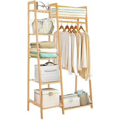 China Eco-Friendly Hanger Bamboo Clothes Rack With 7 Tier Storage Shelves Hanging Clothing Rack For Small Spaces Children's Wardrobe Closet for sale