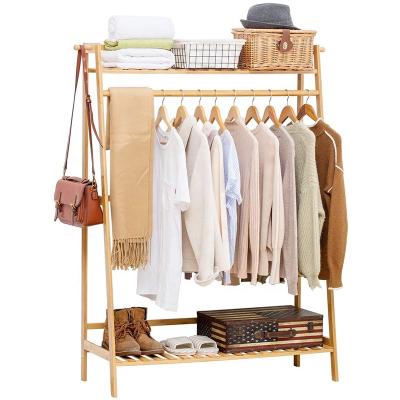 China Eco-Friendly Bamboo Coat Hanger Garment Clothes Heavy Duty Hanging Rack With Top Shelf Clothing Storage And Shoe Organizer Shelves for sale