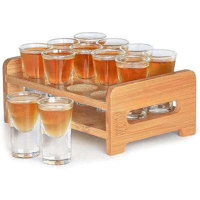 China Viable Shot Glass Set 0.5oz/15ml 12pcs Clear Shot Glass Holder Set Mini Wooden Glass Holder For Strong Shot (12pcs) for sale