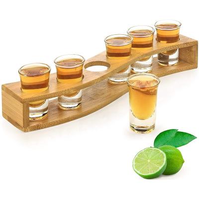 China Sustainable shot glass 1oz/30ml set. Bamboo shot glass holder, 6pcs shot glass set, perfect for party, bar, club, cocktail for sale