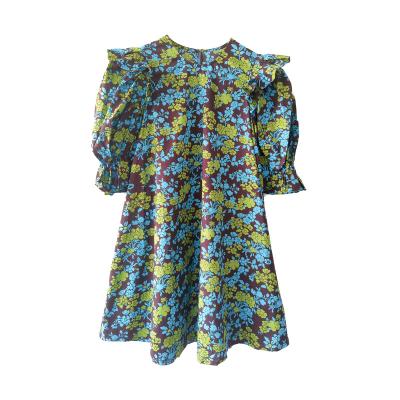 China Big New OEM Fashion Washable Kids Wear Girls Summer 100%cotton Puff Sleeve Flower Printed Smocked Princess Dress Clothing For Kids for sale