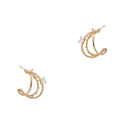 China TRENDY fashion glitter simple luxury zircon c shaped brass charms multi layered stud 18k gold plated earrings for women jewelry for sale