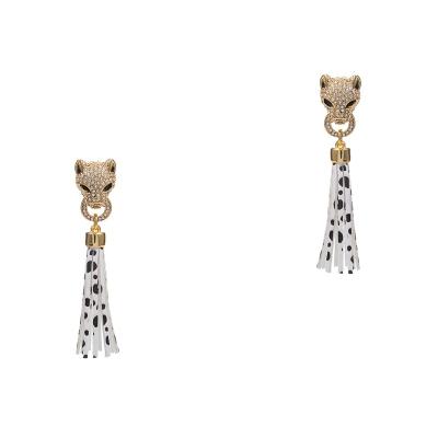 China CLASSIC Diamond Head Shiny Luxury Stones Leopard Shape Black Enamel Animal Printed PU Tassel Earrings For Women Jewelry for sale