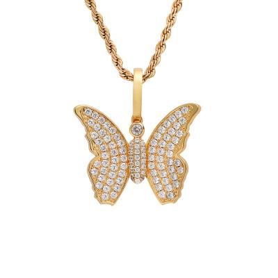 China Hiphop 2021 Lab Full Shiny 3D Diamond Hiphop Fashion Jewelry Iced Out Rhinestone Pink Butterfly CZ Pendant Diamond Necklace for sale